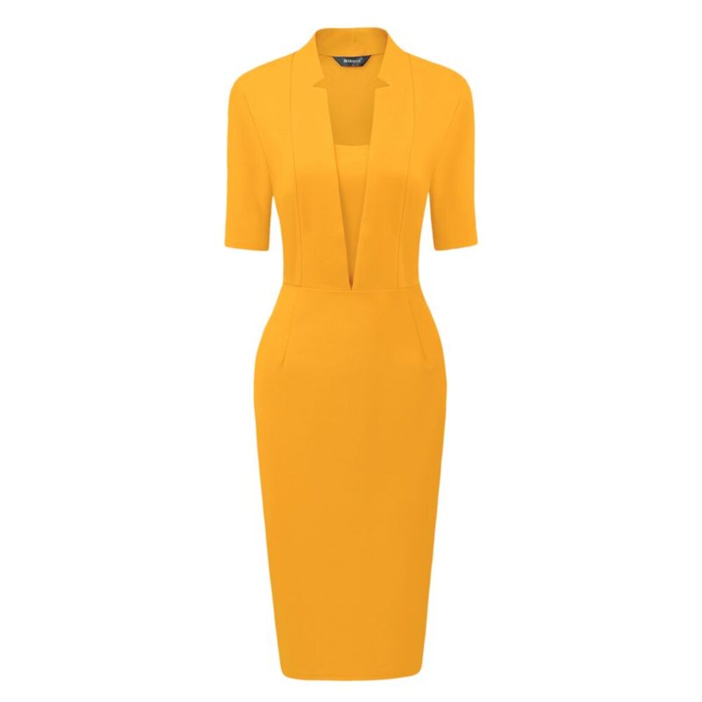 Pencil Dress Short Sleeve Workwear Bodycon Sheath Dresses Yellow